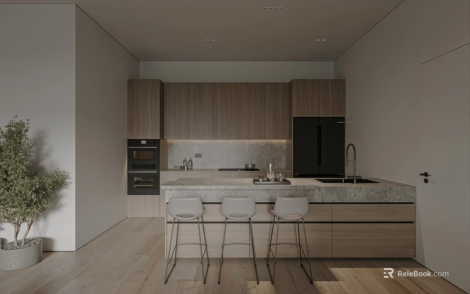 Modern Kitchen Interior With Wooden Cabinets Black Refrigerator Island Countertop And Bar Stools 3d model 