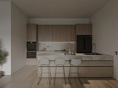 Modern Kitchen Interior With Wooden Cabinets Black Refrigerator Island Countertop And Bar Stools 3d model