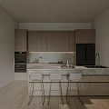 Modern Kitchen Interior With Wooden Cabinets Black Refrigerator Island Countertop And Bar Stools