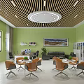 Modern Office Space with Green Walls Wooden Bookshelves Computers Sofa and Windows