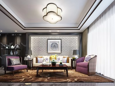 Traditional Chinese Living Room Interior With Chandelier Sofa Decorative Painting And Purple Armchairs 3d model