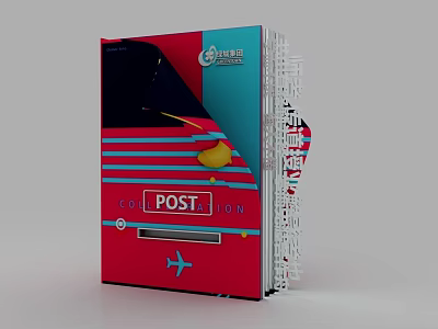 China Post Themed Photo Check In Spot With Red Blue Design And Airplane Element 3d model