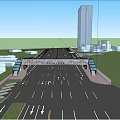 Pedestrian Bridge Over Busy Road With Vehicles Trees And Tall Building