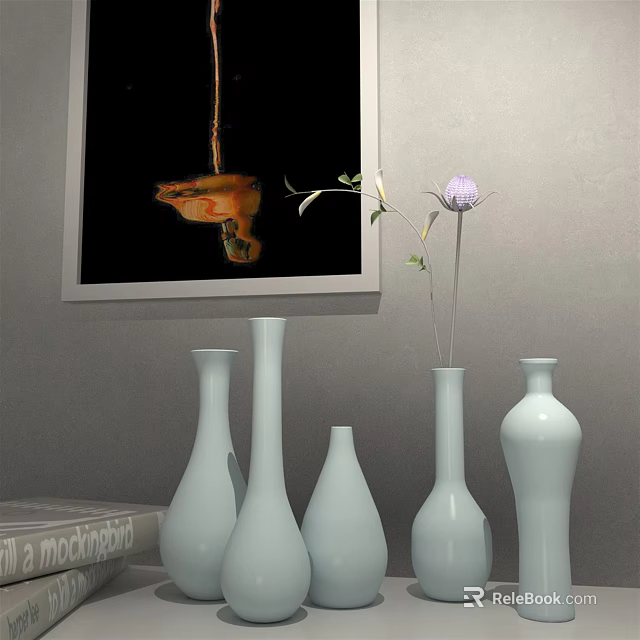 White Ceramic Vases With Purple Thistle Flowers And Framed Artwork 3d model 
