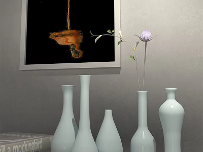White Ceramic Vases With Purple Thistle Flowers And Framed Artwork 3d model