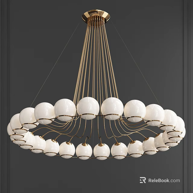 Elegant Modern Chandelier With White Spherical Glass Shades And Golden Metal Frame 3d model 
