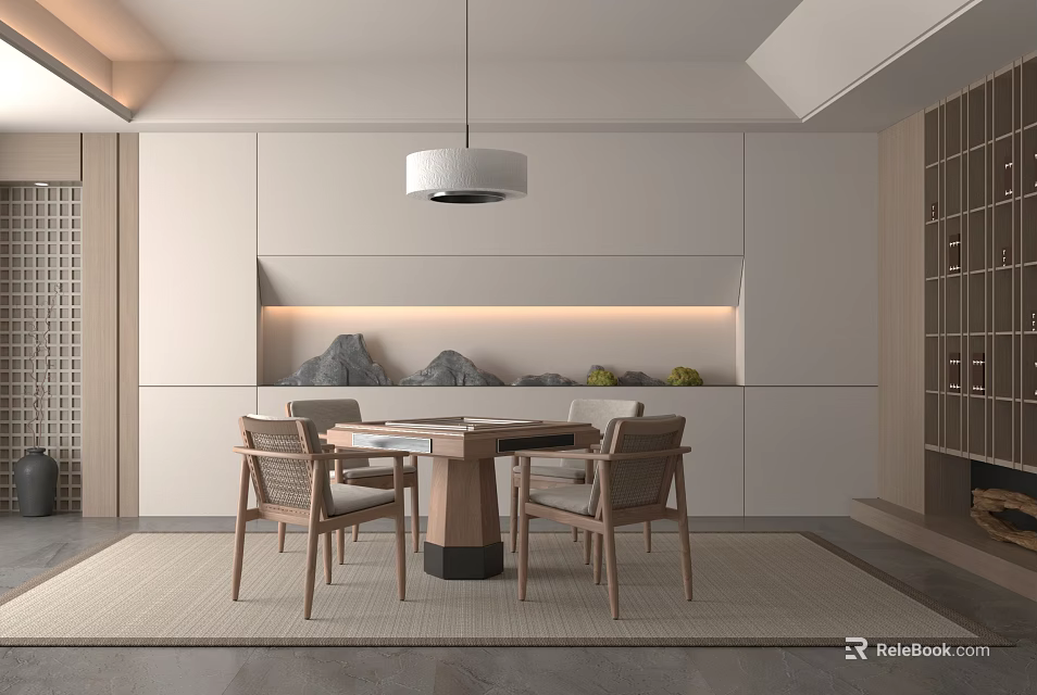 Hotel Mahjong Room Modern Interior Featuring Wooden Table Comfortable Chairs And Pendant Lighting 3d model 