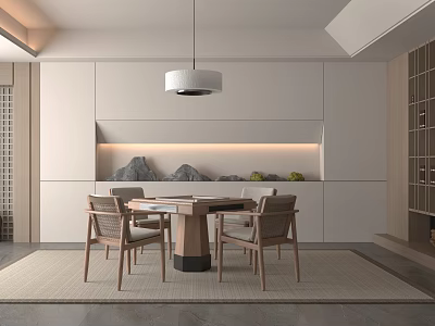 Hotel Mahjong Room Modern Interior Featuring Wooden Table Comfortable Chairs And Pendant Lighting 3d model