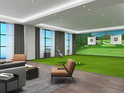 Indoor Golf Simulator Home Fitness Practice Space With Green Turf And Target Markers 3d model