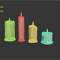 Four Lit Candle Lamps of Varying Heights on Black Surface with Reflections
