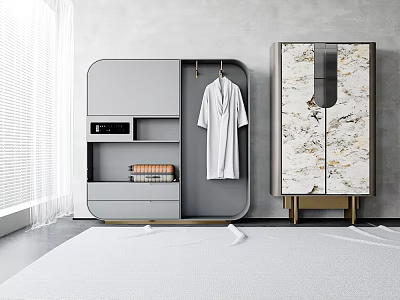 Modern Wardrobe With Marble Pattern Open Shelves And White Robe In Minimalist Interior 3d model