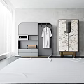 Modern Wardrobe With Marble Pattern Open Shelves And White Robe In Minimalist Interior