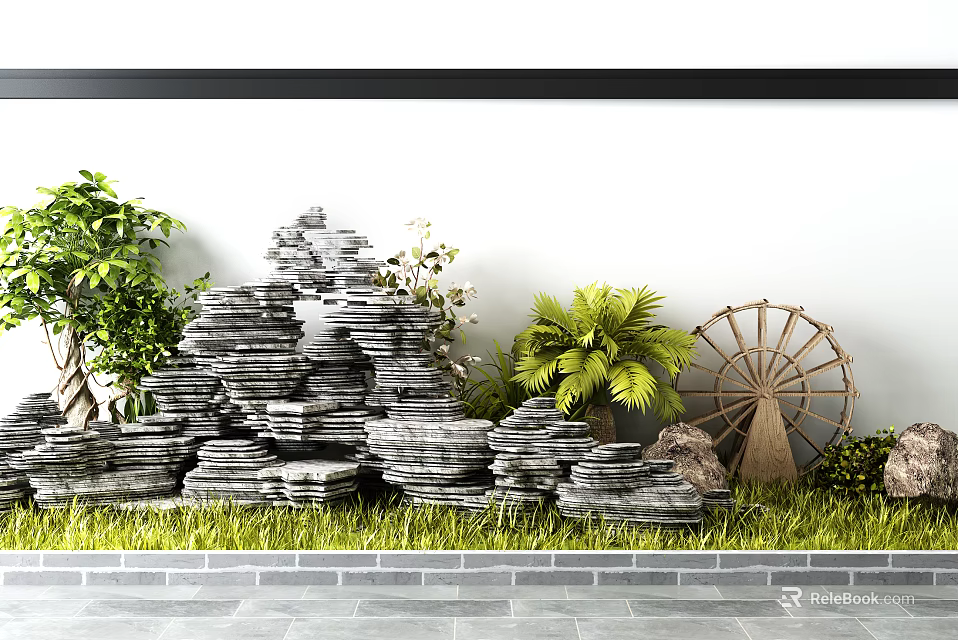 Artistic Garden Ornament With Stacked Stones Lush Green Plants Vintage Windmill And Fresh Grass Lawn 3d model 