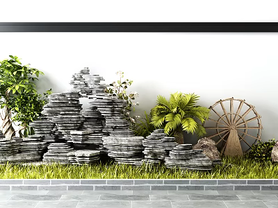 Artistic Garden Ornament With Stacked Stones Lush Green Plants Vintage Windmill And Fresh Grass Lawn 3d model