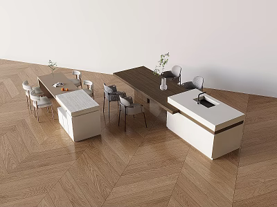Modern Wooden Dining Table Set With Chairs And White Countertop On Herringbone Floor 3d model