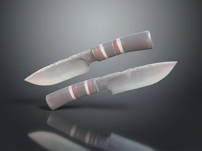 Tactical Knives With Vintage Design Red White Stripe Handles And Sharp Metal Blades 3d model