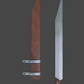 Antique Long Blade Weapon With Brown Leather Sheath Metal Buckles And Decorative Blade Patterns