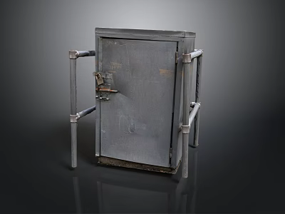 Gray Metal Storage Cabinet With Metal Frame Legs And Worn Lock Surface 3d model