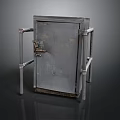 Gray Metal Storage Cabinet With Metal Frame Legs And Worn Lock Surface