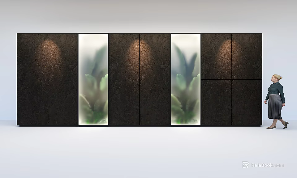Green Plant Wall With Three Vertical Transparent Panels Dark Wall Background And Lighting 3d model 