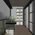 Modern Home Balcony With Wooden Slat Ceiling Black Table Green Plants And Decorative Shelf