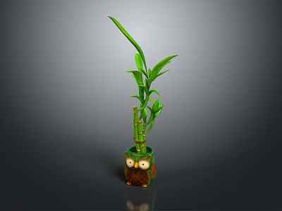 Small Bamboo Plant with Green Leaves in Owl Shaped Decorative Pot 3d model