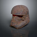 Rusted Warrior Helmet With Red Visor Worn Appearance And Detailed Design