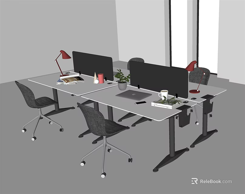 Modern Office Desk Setup With Dual Monitors Ergonomic Chairs Red Lamps And Green Plants 3d model 