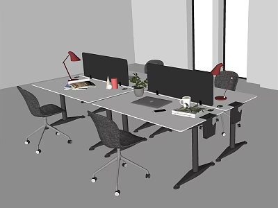 Modern Office Desk Setup With Dual Monitors Ergonomic Chairs Red Lamps And Green Plants 3d model
