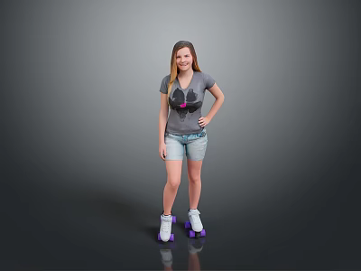 Woman standing in gray t-shirt and denim shorts with purple roller skates on reflective floor 3d model