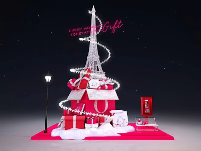 Eiffel Tower Themed Festive Display with Red Gift Boxes Snowflakes and Street Lamp 3d model