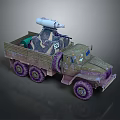 Military Tank Loaded on Camouflage Truck with Six Wheels and Rocket Launcher