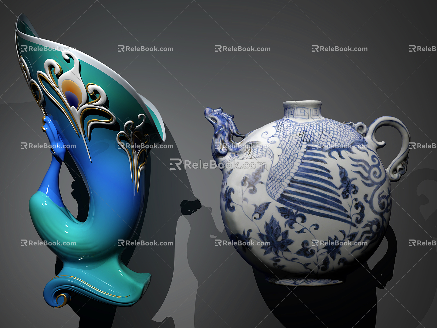 Ceramic Utensils Peacock Vase Blue and Blossom Phoenix Head Flat Pot 3d model