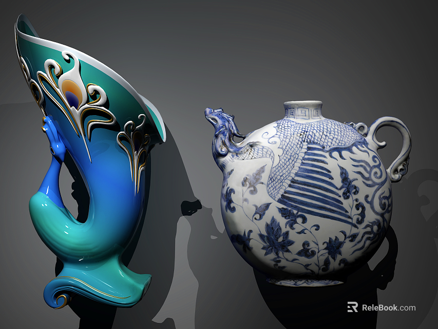Decorative Ceramic Vessels With Vibrant Colors Artistic Design And Blue White Dragon Patterns 3d model 