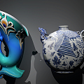 Ceramic Utensils Peacock Vase Blue and Blossom Phoenix Head Flat Pot 3d model