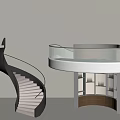 White Spiral Staircase With Glass Railing And Display Area Design 3d model