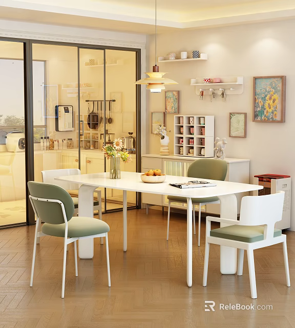 Modern Restaurant Dining Area With White Table Green Chairs Vase Fruits And Decorative Art 3d model 