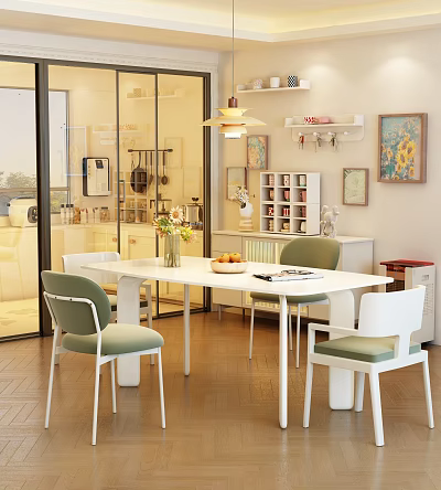 Modern Restaurant Dining Area With White Table Green Chairs Vase Fruits And Decorative Art 3d model
