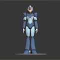 Detailed Blue And White Armored Game Movie Character With Red Head Standing On White Base