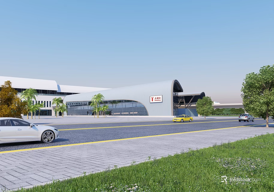 Modern Station with Sleek Architectural Design Cars on Road Green Trees and Clear Blue Sky 3d model 