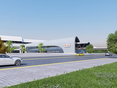 Modern Station with Sleek Architectural Design Cars on Road Green Trees and Clear Blue Sky 3d model
