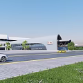 Modern Station with Sleek Architectural Design Cars on Road Green Trees and Clear Blue Sky