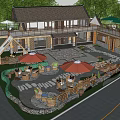 Traditional Boutique Guesthouse Architecture With Outdoor Seating Sun Umbrellas Stone Paved Courtyard And Lush Greenery