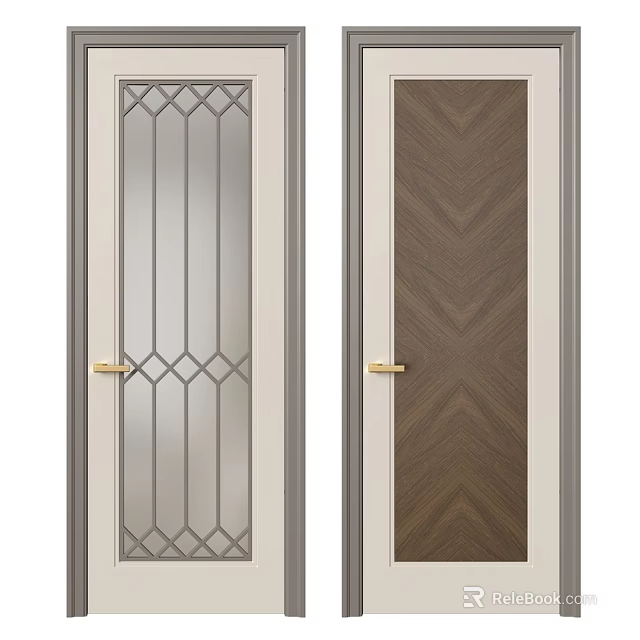 Stylish Swing Doors Featuring Glass Panel Geometric Pattern And Wooden Herringbone Texture With Golden Handle 3d model 