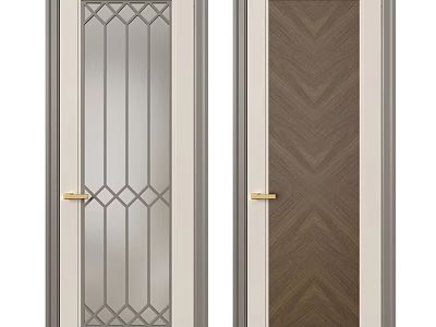Stylish Swing Doors Featuring Glass Panel Geometric Pattern And Wooden Herringbone Texture With Golden Handle 3d model