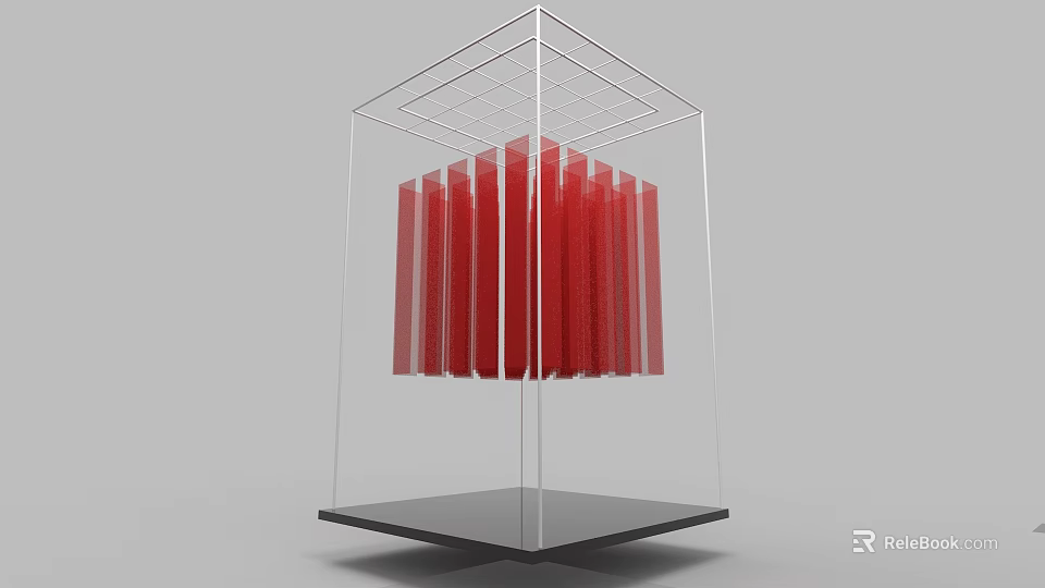 Transparent Cube Frame Decorative Ornament Set With Red Strip Decorations And Base 3d model