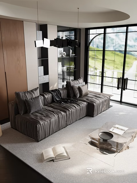 Modern Luxury Living Room Design With Dark Leather Sectional Sofa And Large Panoramic Window 3d model 