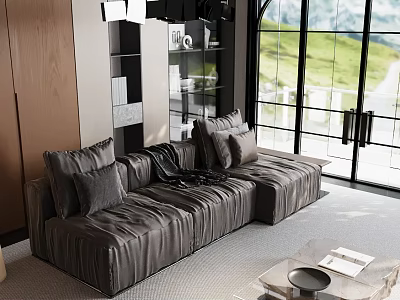 Modern Luxury Living Room Design With Dark Leather Sectional Sofa And Large Panoramic Window 3d model