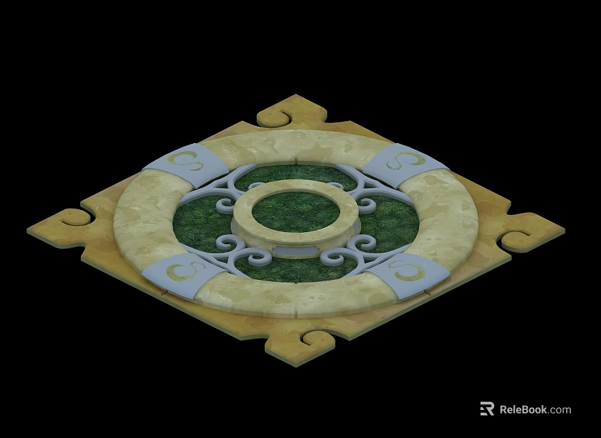 Decorative Plant Garden Design With Square Yellow Frame And Circular Green Area 3d model 