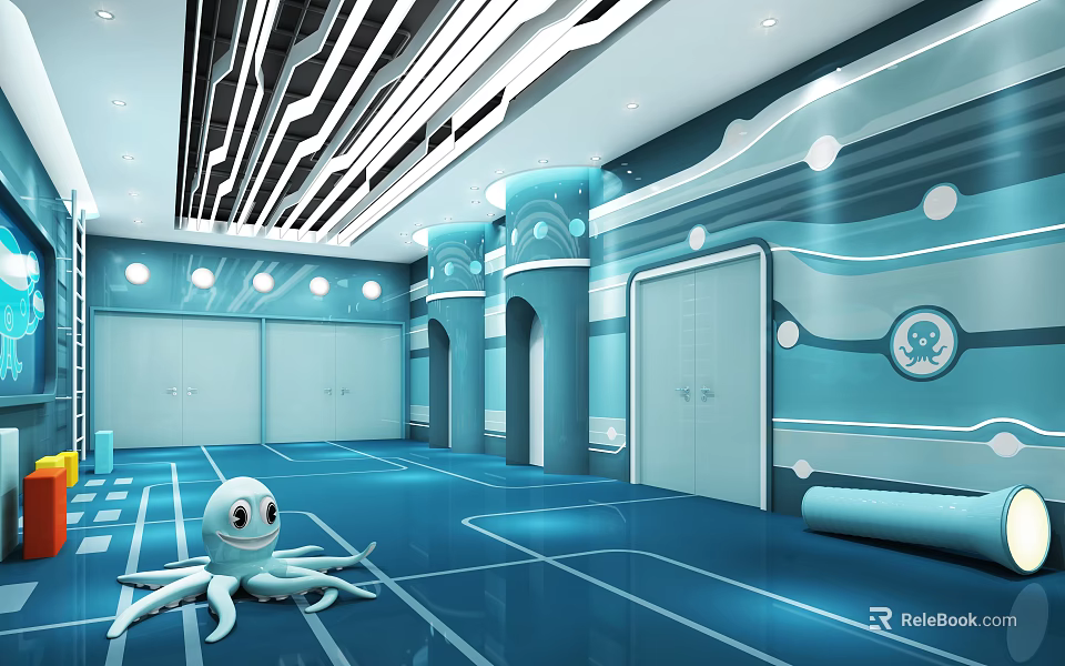 Modern Elevator Hallway With Blue Interior Lighting Sleek Doors And Ceiling Lines 3d model